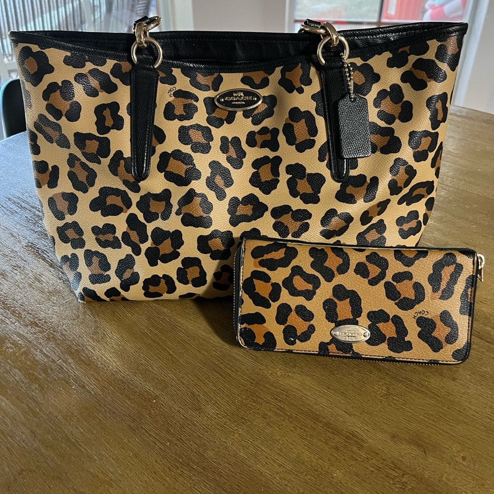 Coach Leopard Print Tote Bag with Black Leather Accents